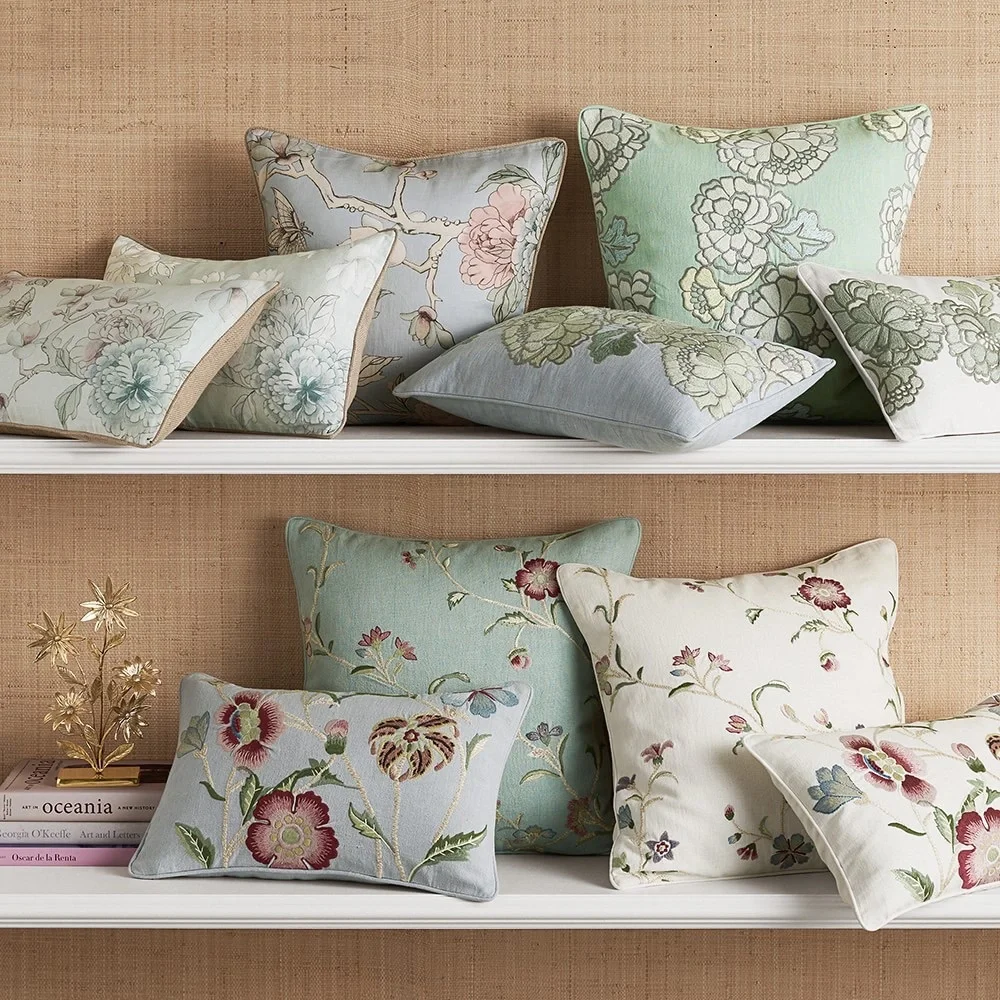 AERIN Wild Rose Linen Pillow Cover, Dove Blue